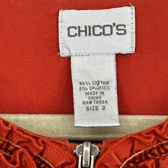 Chico's 2 Women's Orange Ruffle Zip-Up Jacket Size Large Cotton stretch - Picture 2 of 9